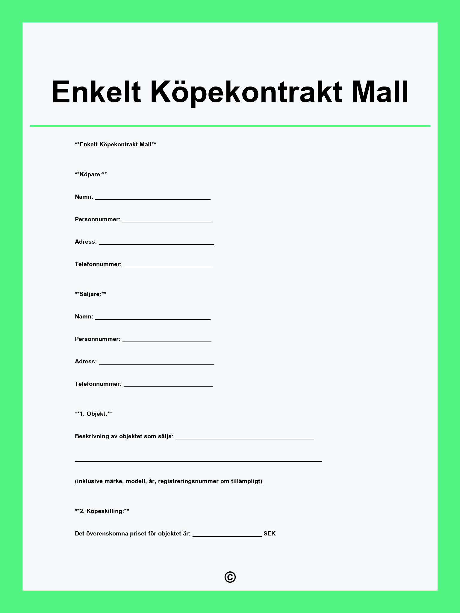 Enkelt Köpekontrakt Mall