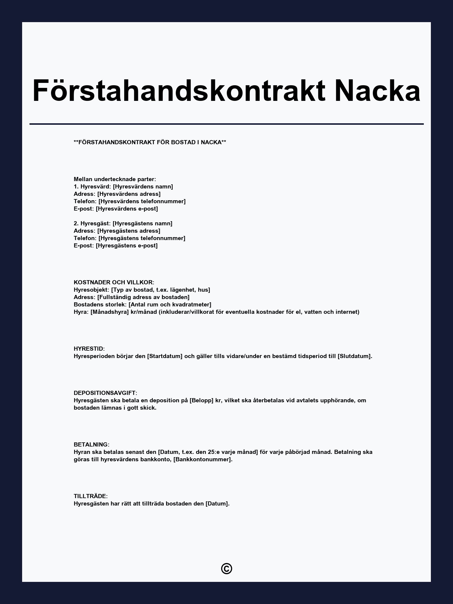 Förstahandskontrakt Nacka
