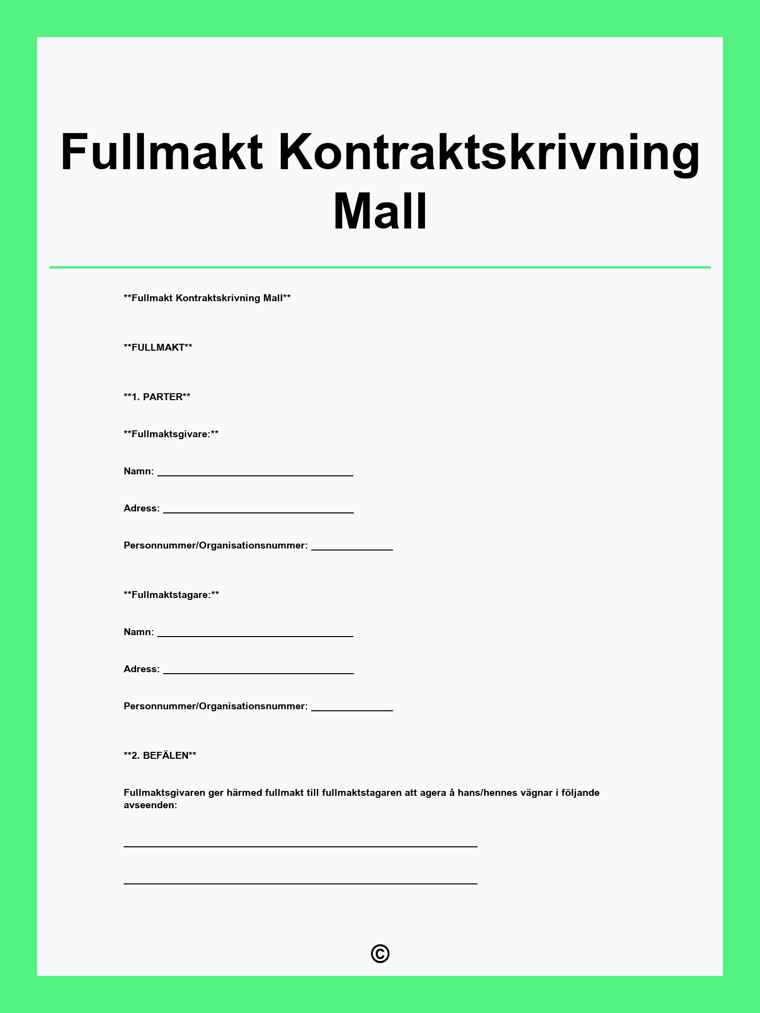 Fullmakt Kontraktskrivning Mall