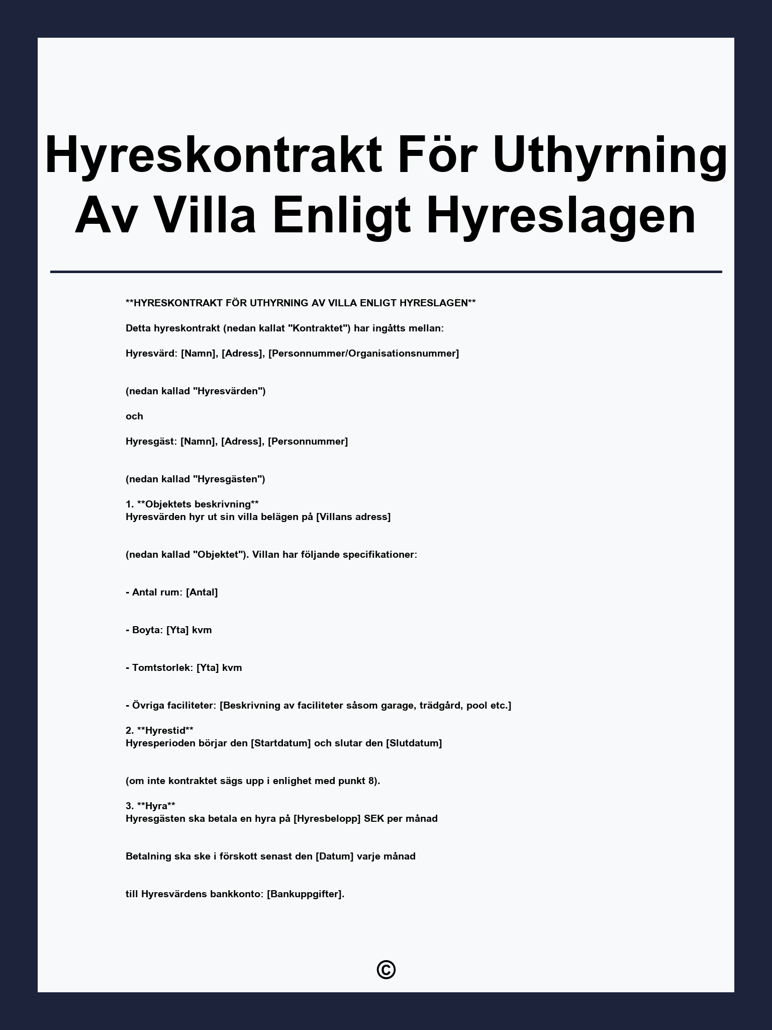 Hyreskontrakt För Uthyrning Av Villa Enligt Hyreslagen