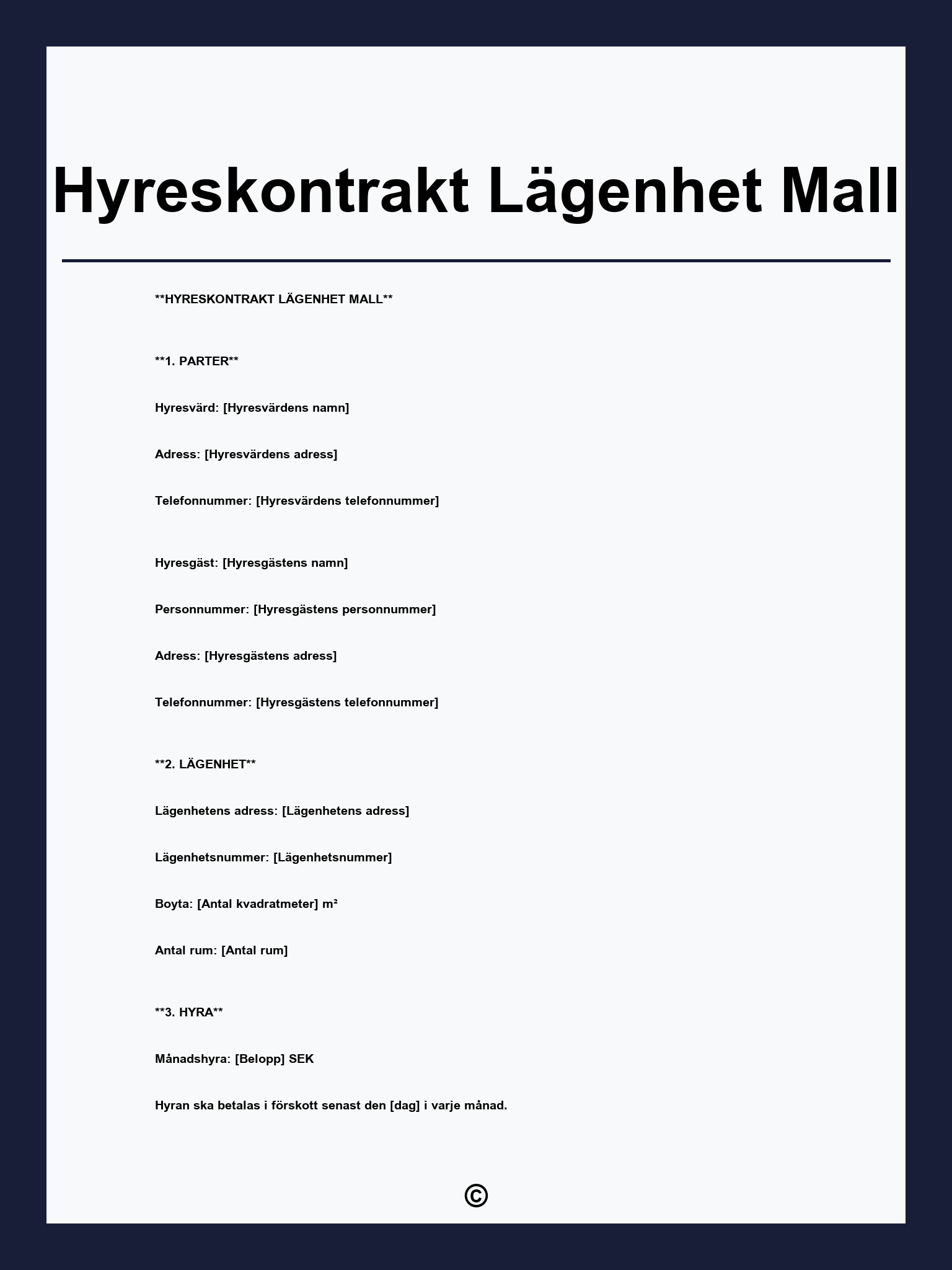 Hyreskontrakt Lägenhet Mall