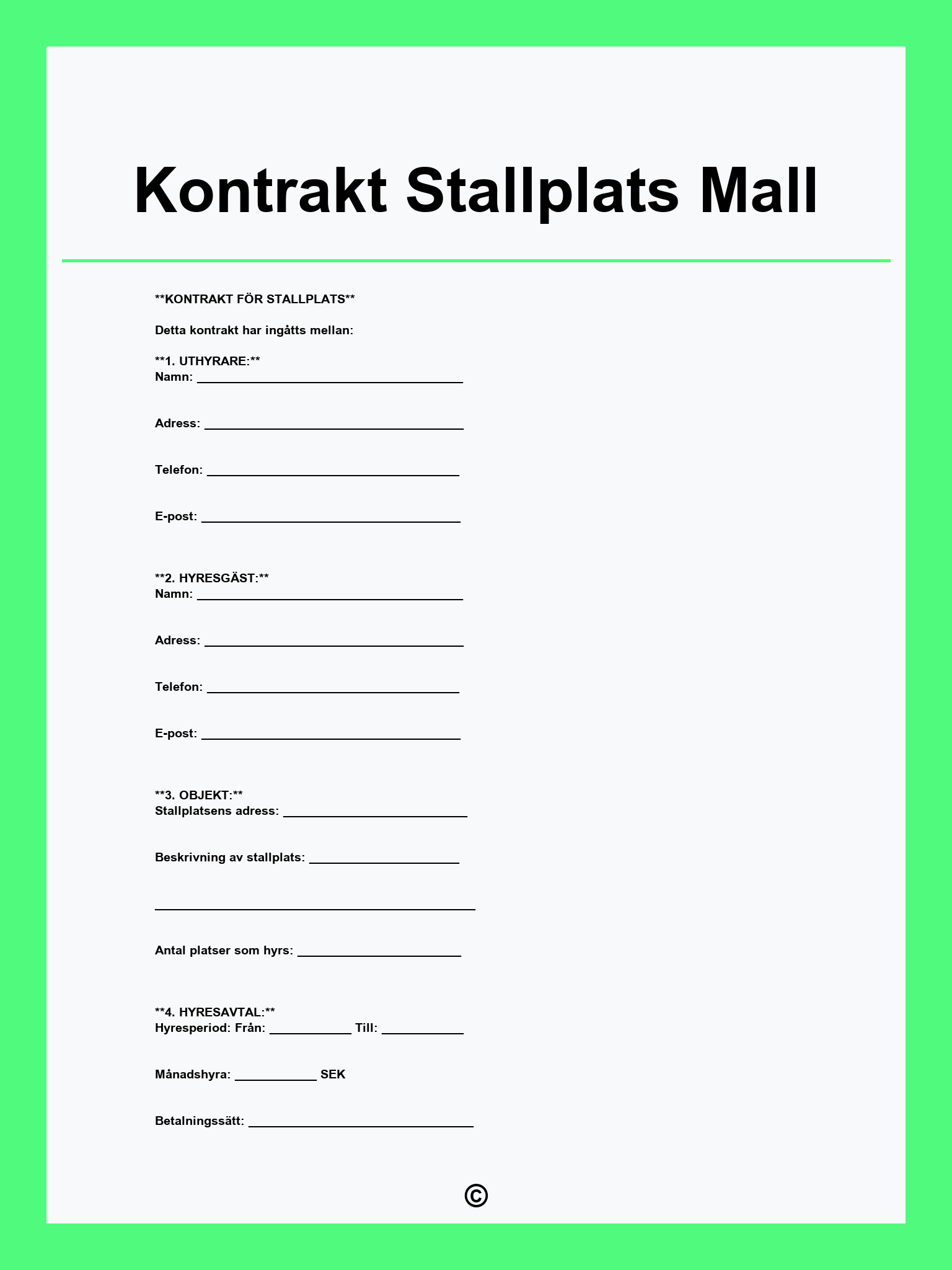 Kontrakt Stallplats Mall