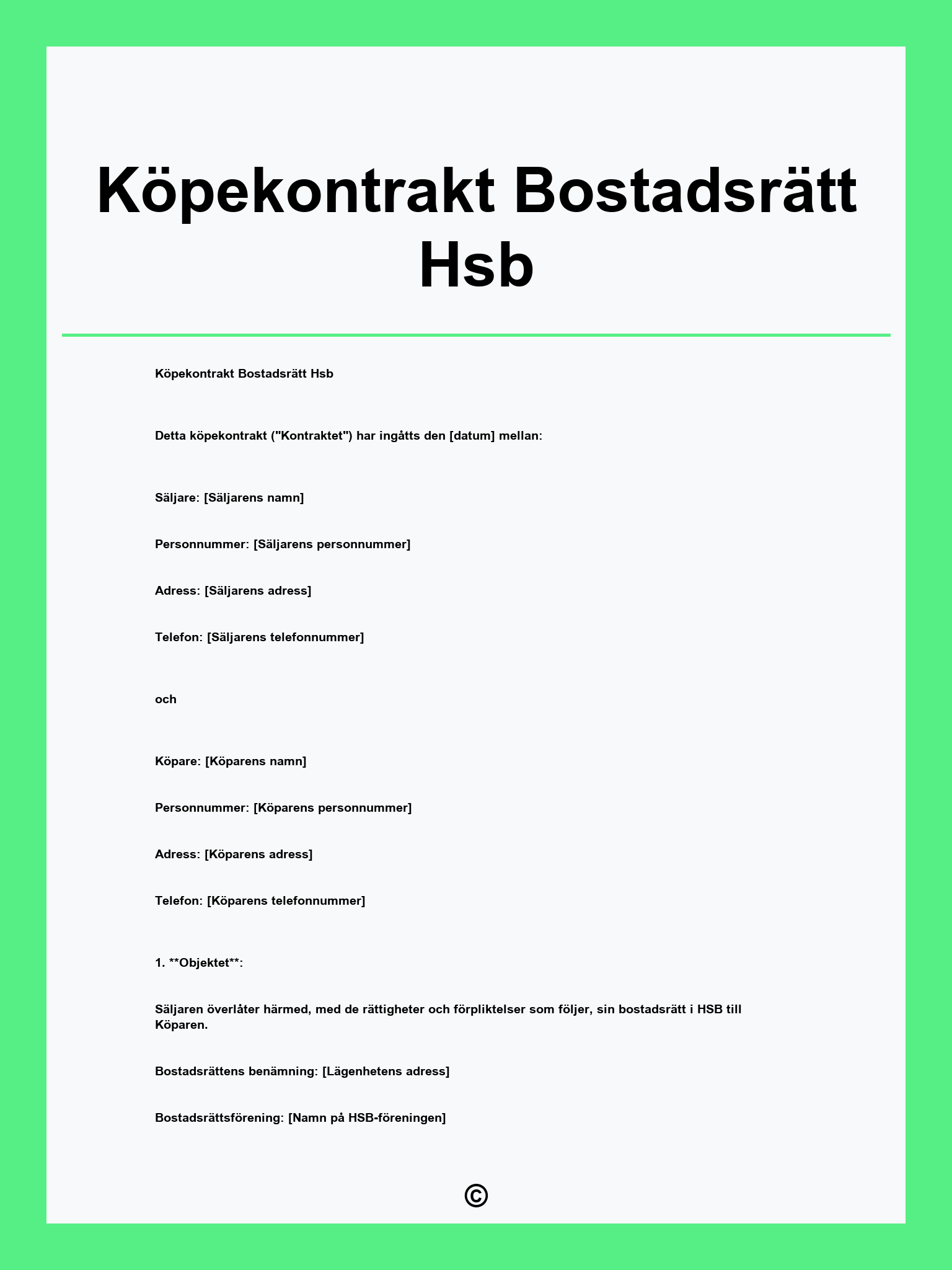 Köpekontrakt Bostadsrätt Hsb