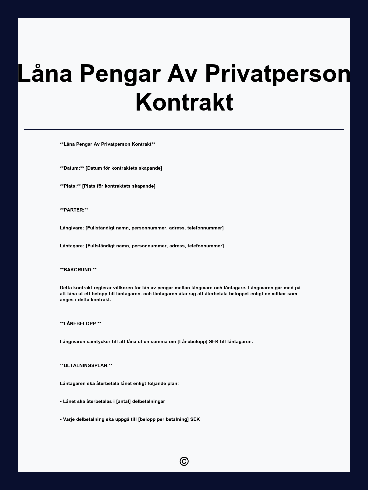 Låna Pengar Av Privatperson Kontrakt